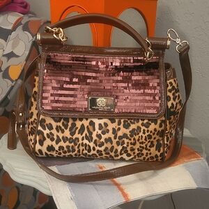 Sharif Brown and Pink Sequin Leopard Shoulder Bag